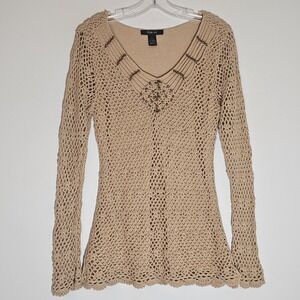 Style & Co Sweater Womens Medium Tan Crochet Beaded V Neck Boho Festival Gypsy M